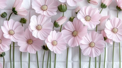 Close-up of pink cosmos flowers arranged against a white brick wall, creating a floral background. The image showcases the delicate petals and textures of the f