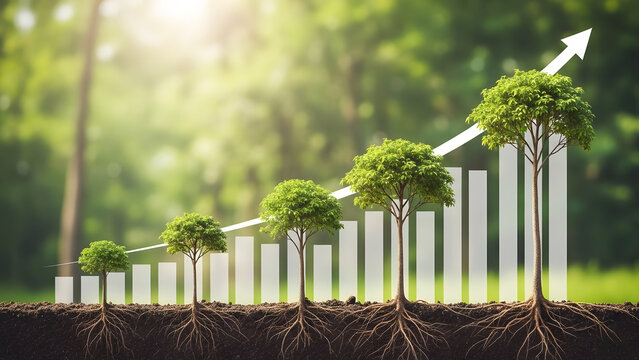 Sustainable growth concept bar graph with green foliage and arrow pointing upward