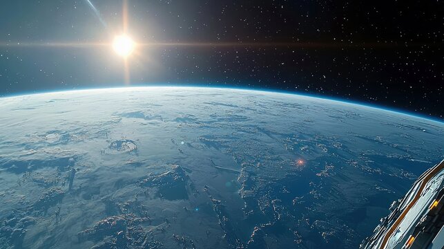 View of planet Earth from space with a bright sun, stars, and a futuristic spacecraft.
