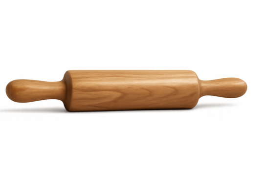 Wooden rolling pin for baking and cooking, kitchen utensil for rolling dough, isolated cutout with transparent background