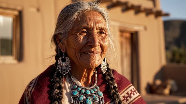 elderly native woman, ageold native woman dressed in cultural jewelry and attire, elderly indigenous woman decorated with traditional accessories and cultural garments in natural setting
