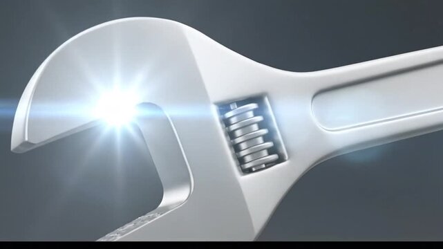 Gleaming Adjustable Wrench with Radiant Light Flare on a Dark Background, Industrial Tool Detail