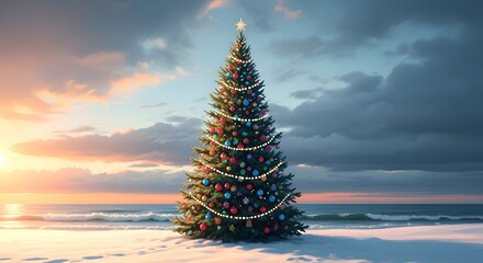 Decorated christmas tree on a beach at sunset with snow