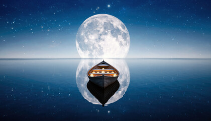 Serene boat on calm water under a giant full moon and starry night sky
