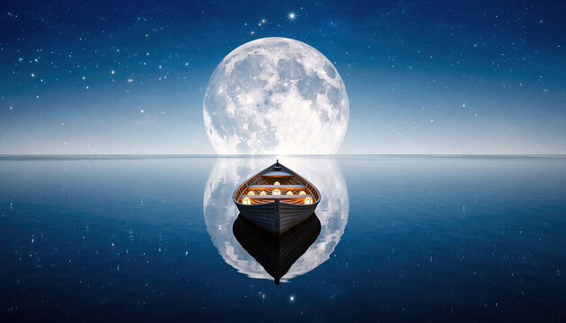 Serene boat on calm water under a giant full moon and starry night sky - Powered by Adobe