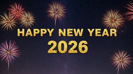 Glittery golden text reading happy new year 2026 against a dark night sky filled with colorful sparkling fireworks celebration