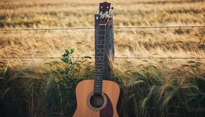 Acoustic guitar leaning on a fence post in a golden wheat field at sunset.