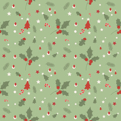Festive Christmas Pattern with Holly, Pine Trees, and Stars on a Light Green Background