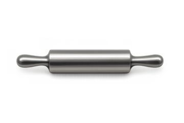 Metal rolling pin for baking and cooking dough prep, chrome kitchen utensil on transparent alpha background