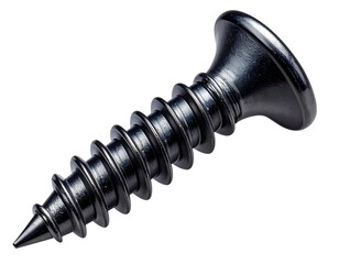 Angled Macro View of Black Steel Screw Highlighting Spiral Thread Depth, Technical Composition, isolated on transparent background PNG