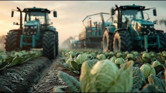 Close-up of cabbage growing in field with modern tractors in background at sunrise, representing modern agriculture and food production