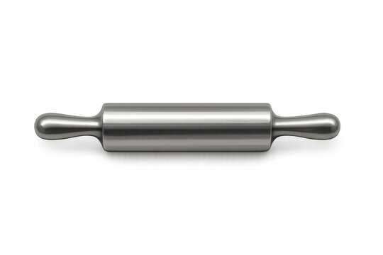 Metal rolling pin for baking and cooking dough prep, chrome kitchen utensil on transparent alpha background