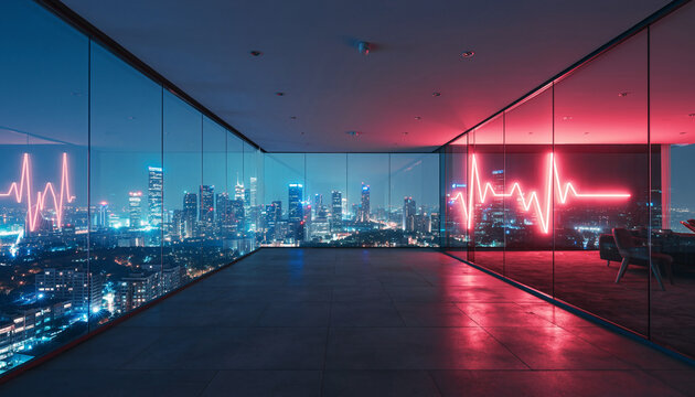 Modern urban office with digital heartbeat display overlooking city at night - Powered by Adobe