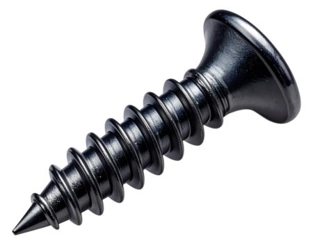 Angled Macro View of Black Steel Screw Highlighting Spiral Thread Depth, Technical Composition, isolated on transparent background PNG