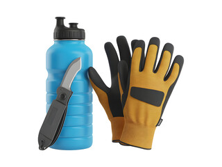 Blue water bottle with a folding knife and durable work gloves for outdoor adventure isolated on transparent background