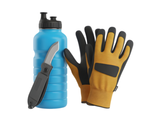 Blue water bottle with a folding knife and durable work gloves for outdoor adventure isolated on transparent background