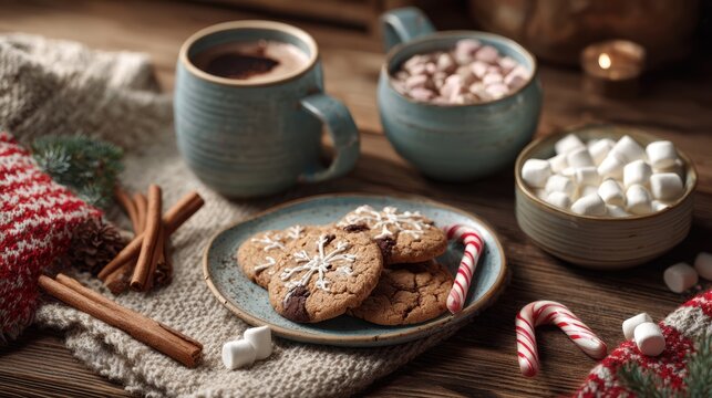Festive treats of cookies, marshmallows, cocoa, and candy canes create a cozy winter holiday scene.
