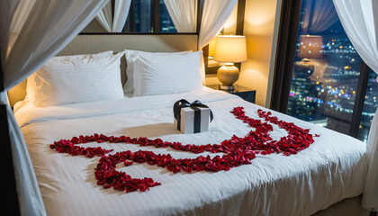 Romantic bedroom with rose petals, gift, and city night view