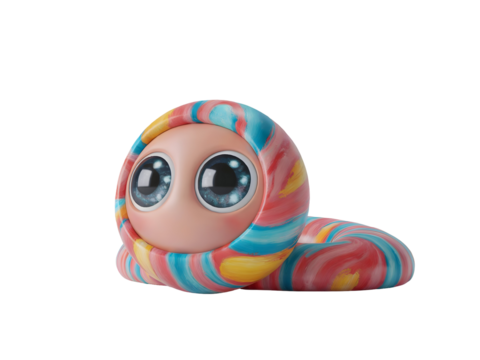 Cute whimsical creature with large eyes wrapped in a colorful striped candy coil isolated on transparent background