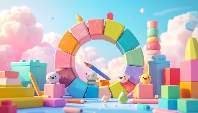 Circular loader made from colorful toy blocks, crayons, and playful shapes. Soft pastel colors and friendly characters cheer as progress increases. - Powered by Adobe