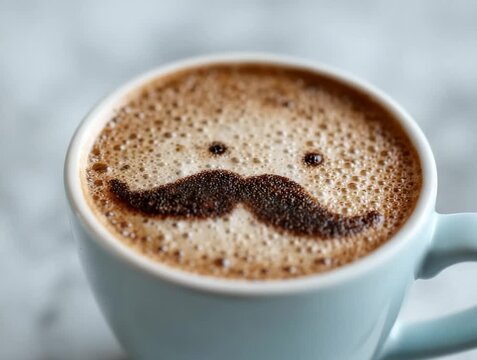 Creative coffee art featuring a mustache design in a cup served in a cozy cafe setting during afternoon hours