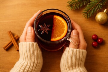 Warm Holiday Scene Holding Glass Mug of Mulled Wine with Orange and Star Anise 