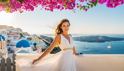 Elegant woman on a balcony overlooking a stunning island seascape.