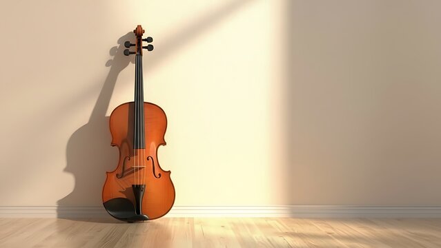 A violin leaning against a wall with sunlight casting a shadow on the wall and wooden floor below
