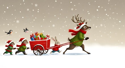 Cute cartoon reindeer pulling a cart full of gifts with friends