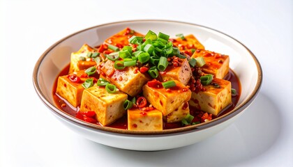 Delicious Asian braised tofu cubes in a spicy red chili sauce, garnished with fresh chopped scallions.