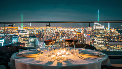 Elegant rooftop dining experience with city lights at night