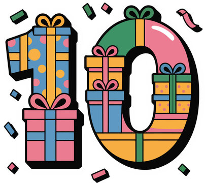 Vibrant and colorful illustration of the number eighteen (18) decorated with birthday presents, signifying an 18th birthday celebration or coming of age.