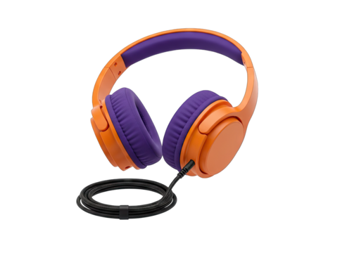 Vibrant Orange and Purple Headphones with Black Cord Isolated on Transparent Background