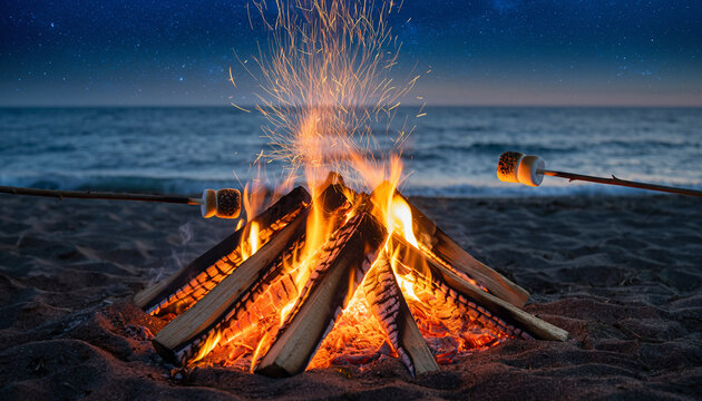 Campfire on beach at night with roasting marshmallows under starry sky - Powered by Adobe