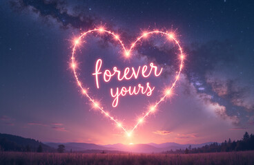 Forever yours romantic heart with sparkling lights in starry night sky