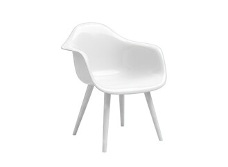 Modern white plastic armchair with four slender legs and soft shadows isolated on a transparent background