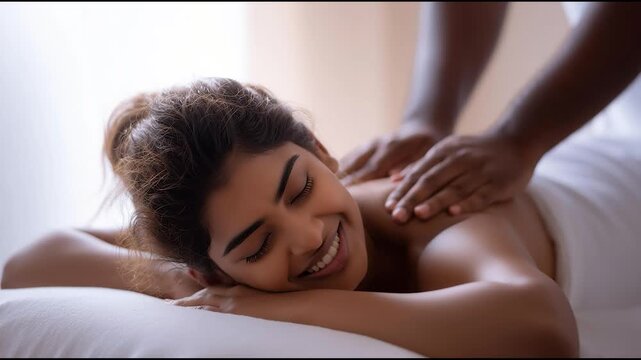 Smiling woman enjoying relaxing back massage at spa with soft lighting and serene atmosphere