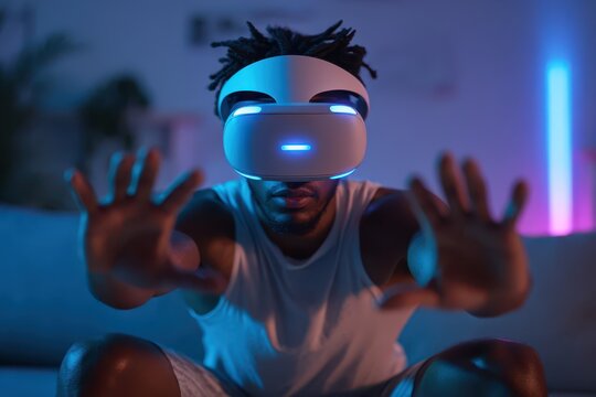 African American man in a wireless virtual reality headset reaching out to touch an invisible digital world in a gaming setup