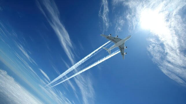 Aircraft in flight with sun reflection on fuselage and distant horizon