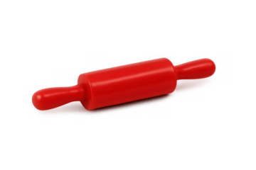 Red plastic rolling pin on transparent background, kitchen utensil for baking and preparing dough