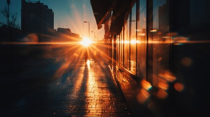 Anamorphic glow across a sunset cityscape with dramatic horizontal flare