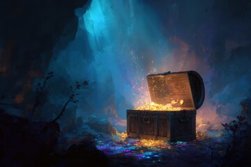 Ancient wooden treasure chest opened in a shadowy cavern with glowing magical light