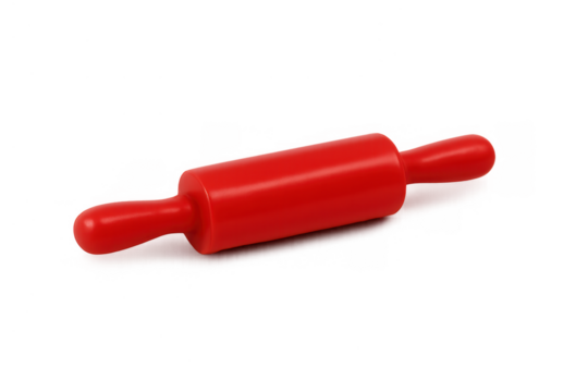 Red plastic rolling pin on transparent background, kitchen utensil for baking and preparing dough
