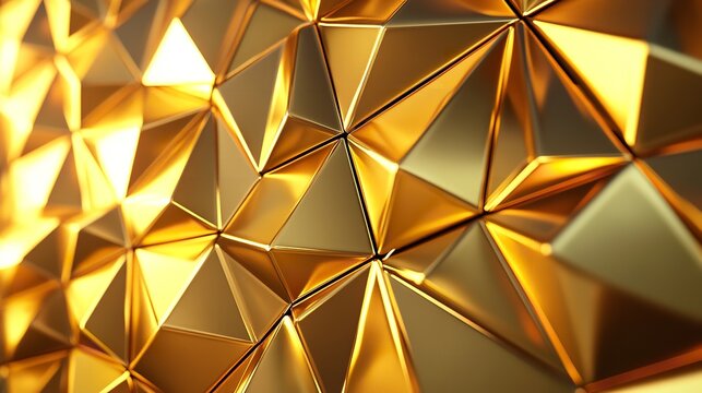 Abstract three dimensional geometric background texture of polished gold triangles creating a luxurious and modern surface pattern with dramatic lighting