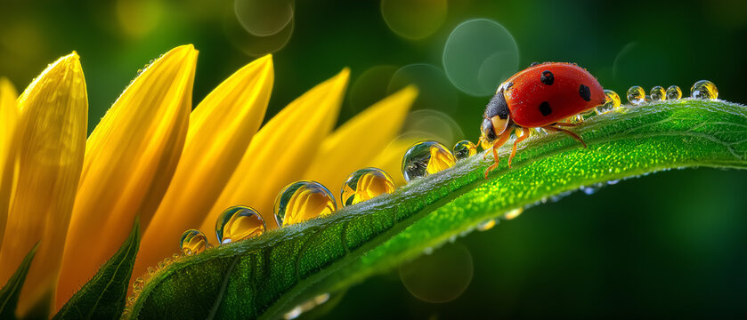AI generator image of A seven-spot ladybug sits on a dew-covered blade of grass, with a yellow sunflower in the background, beauty of nature with a ladybug perched on a green leaf with many tiny water