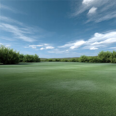 Open field clean perfect look with lush green grass, blue sky, scattered clouds, and distant trees, peaceful and natural landscape