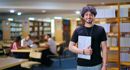Indian young adult gen z man student standing proud hold new laptop look camera indoor library happy smiling boy guy staring cam do casual pose enjoy new joyful day time inside college © Raushan_films