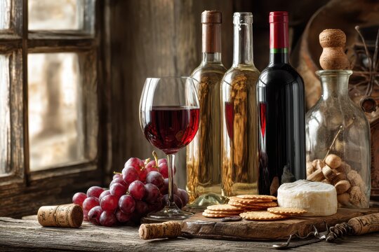 Assorted wine bottles on a rustic wooden table with a glass of red wine and cheese