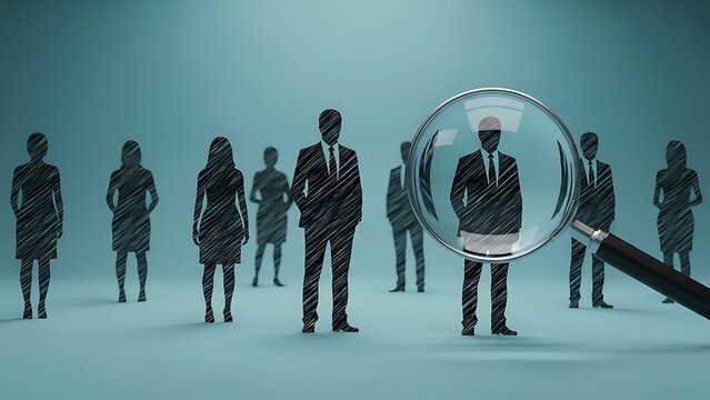 A group of people in silhouette with a magnifying glass focusing on a person in the foreground