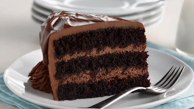 Tempting chocolate cake slice slowly styled on elegant dish sequence.